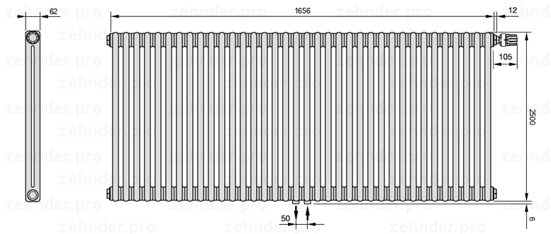 Схема (чертеж) Радиатор Zehnder Charleston 2250/36 №V008 Белый глянцевый RAL 9016